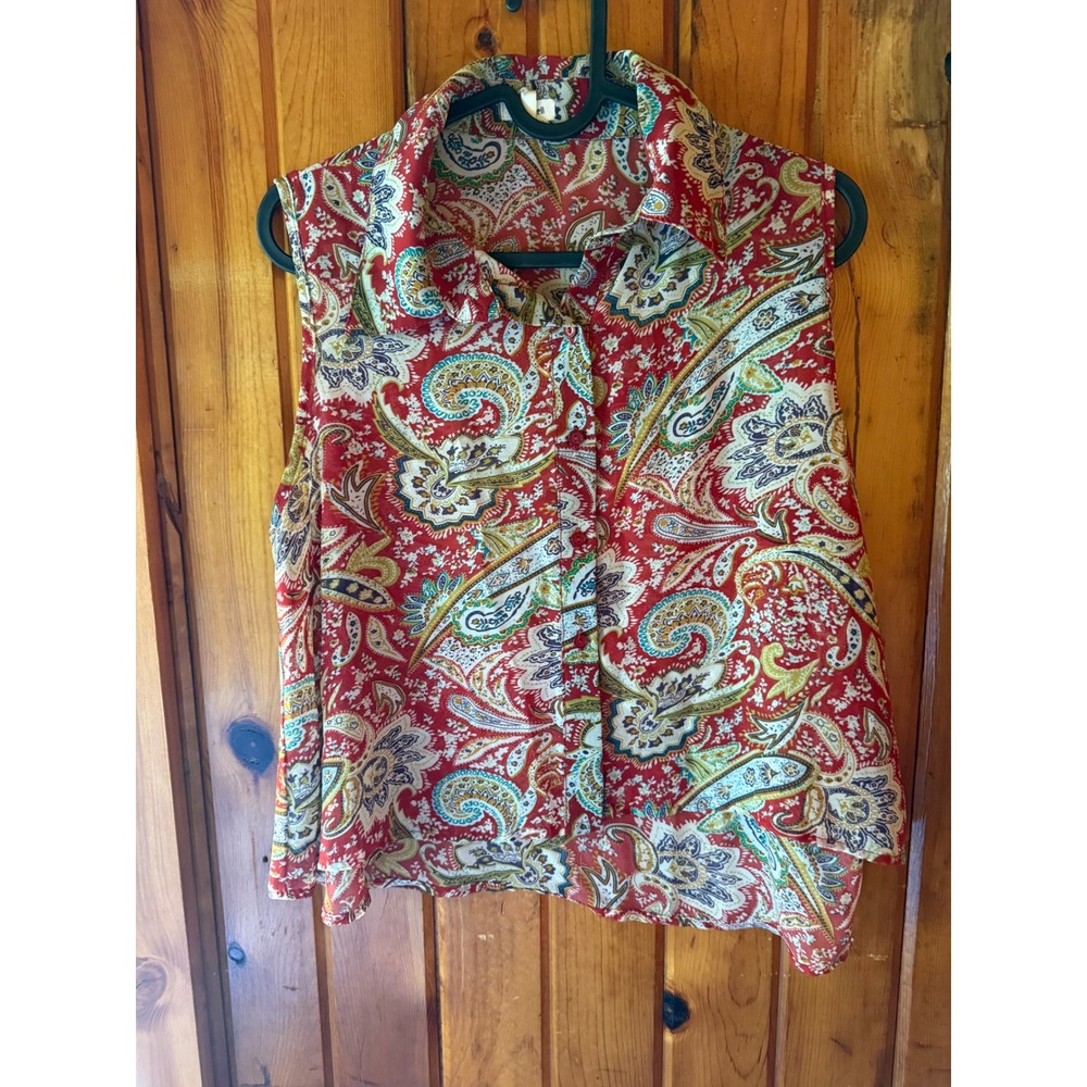 TeenBell Paisley Sleeveless Blouse Button Down Collared Top Red Patterned Size L